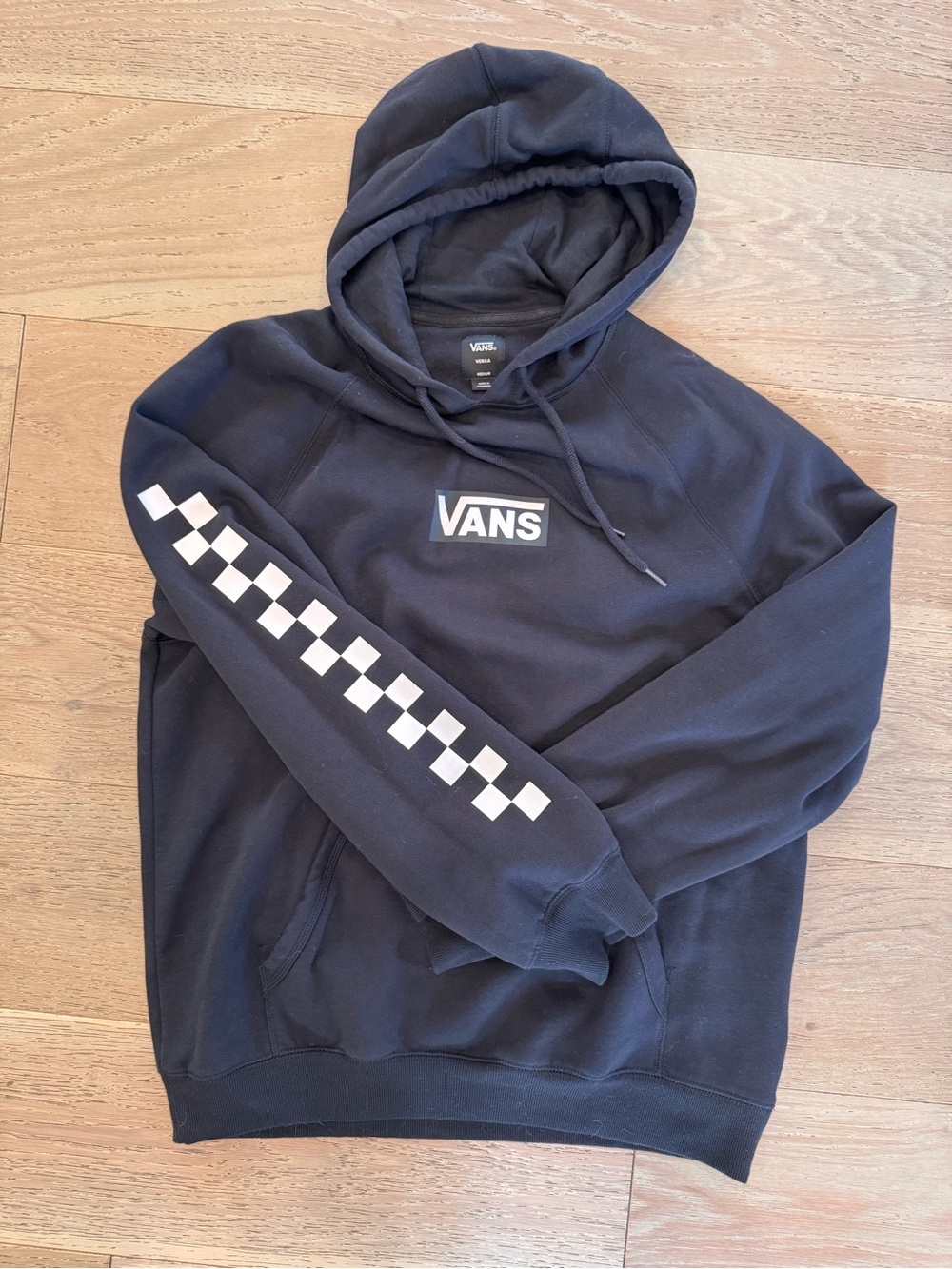 Vans Black Hoodie with White Checker Sleeve and Logo